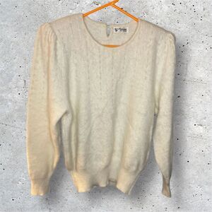 Vintage 80s Angora White Cream Sweater Padded Shoulders VTG Beaded READ